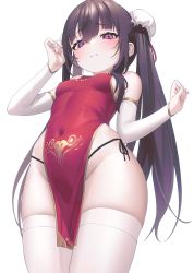 Rule 34 | 1girl, 3:, absurdres, aya (lezon), black hair, black panties, breasts, bun cover, china dress, chinese clothes, closed mouth, covered navel, cowboy shot, detached sleeves, dress, from below, frown, gold trim, groin, half-closed eyes, hands up, highres, long hair, long sleeves, looking at viewer, looking down, original, panties, pelvic curtain, pink eyes, red dress, short dress, side-tie panties, side-tie peek, sleeveless, sleeveless dress, small breasts, solo, standing, string panties, thighhighs, thighs, twintails, underwear, very long hair, white thighhighs, wide hips