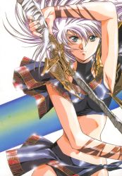 Rule 34 | 1990s (style), 1girl, arm ribbon, arm up, armpits, bare shoulders, black ribbon, breasts, closed mouth, crop top, fingernails, green eyes, holding, holding weapon, legend of lemnear, lemnear, long hair, looking at viewer, medium breasts, navel, panties, pink hair, retro artstyle, ribbon, sarong, shiny skin, sideboob, simple background, sleeveless, solo, stomach, sword, thick eyebrows, underwear, urushihara satoshi, weapon, white background