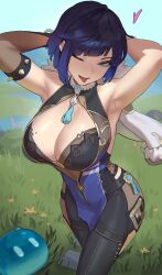 Rule 34 | 1girl, ;p, absurdres, armpits, arms up, bodysuit, breasts, cleavage, day, elbow gloves, genshin impact, gloves, grass, heart, highres, large breasts, mole, mole on breast, one eye closed, outdoors, pelvic curtain, shikube, short hair, single elbow glove, sky, slime (genshin impact), spoken heart, tongue, tongue out, yelan (genshin impact)