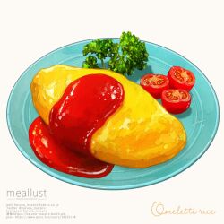 Rule 34 | artist name, english text, food, food focus, haruna macpro, ketchup, no humans, omelet, omurice, original, parsley, plate, simple background, tomato