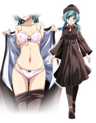 Rule 34 | 1girl, black footwear, black pantyhose, blue eyes, blue hair, blue nails, bow, bowtie, bra, breasts, brown coat, cleavage, closed mouth, clothes pull, coat, dress shirt, floating hair, full body, groin, hatsune miku, highres, loafers, long hair, long sleeves, looking at viewer, low twintails, medium breasts, nail polish, navel, panties, pantyhose, pantyhose pull, red bow, red bowtie, ren&#039;ai saiban (vocaloid), shiny skin, shirt, shoes, simple background, smile, solo, standing, sweat, sweatdrop, swept bangs, tsukishiro saika, twintails, underwear, underwear only, undressing, vocaloid, white background, white bra, white panties, white shirt, wide sleeves