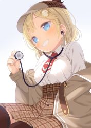 Rule 34 | 1girl, blonde hair, blue eyes, blush, breasts, brown hat, brown jacket, brown skirt, collared shirt, dress shirt, gradient background, grey background, grin, hat, highres, holding, hololive, hololive english, jacket, long sleeves, looking at viewer, medium breasts, muku (muku-coffee), necktie, off shoulder, open clothes, open jacket, plaid, plaid headwear, plaid skirt, red necktie, shirt, short necktie, skirt, smile, solo, stethoscope, virtual youtuber, watson amelia, watson amelia (1st costume), white background, white shirt