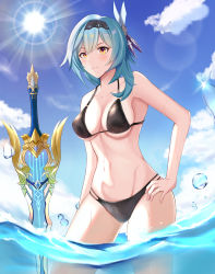 Rule 34 | 1girl, absurdres, bikini, black hairband, blue hair, blush, breasts, closed mouth, cloud, cloudy sky, commentary, commentary request, day, english commentary, eula (genshin impact), genshin impact, hair ornament, hairband, hand on own hip, highres, jeedjard fighto, lens flare, looking at viewer, medium breasts, medium hair, multicolored eyes, outdoors, partially submerged, planted, planted sword, planted weapon, purple eyes, sky, solo, sparkle, sun, sunlight, swimsuit, sword, water, weapon, yellow eyes