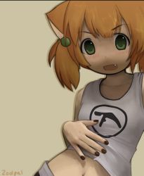 Rule 34 | 1girl, @ @, animal ears, aphex twin, black nails, blush, breasts, cat ears, cat girl, collarbone, fang, green eyes, hair bobbles, hair ornament, hand on own stomach, highres, looking at viewer, nail polish, navel, open mouth, orange hair, original, short hair, short twintails, signature, simple background, small breasts, smile, solo, symbol-shaped pupils, twintails, upper body, zoolpal