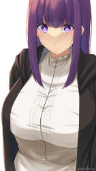 Rule 34 | 1girl, artist name, black jacket, blush, breasts, collar, commentary, fern (sousou no frieren), frilled collar, frills, highres, jacket, large breasts, long hair, looking at viewer, nanohana (november.), open clothes, open jacket, parted lips, purple eyes, purple hair, shirt, shirt tucked in, signature, simple background, skirt, solo, sousou no frieren, straight hair, upper body, white background, white shirt, white skirt