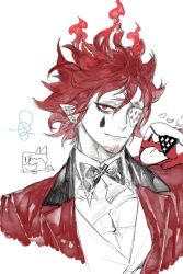 Rule 34 | 1boy, beard, bow, bowtie, closed mouth, collared shirt, creature, cropped torso, eyepatch, facial hair, fiery hair, highres, jacket, looking at viewer, male focus, monochrome, one eye covered, open clothes, open jacket, original, pigeon666, pointy ears, red hair, red jacket, red theme, sanpaku, shirt, short hair, simple background, smile, solo, teardrop facial mark, upper body, white background, white shirt, wing collar
