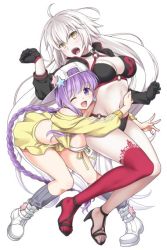 Rule 34 | 2girls, bare legs, bb (fate), bb (fate) (all), bb (swimsuit mooncancer) (fate), bikini, black bikini, black gloves, braid, braided ponytail, breasts, eyebrows hidden by hair, fate/grand order, fate (series), gloves, grey hair, hair between eyes, hat, high heels, hug, hug from behind, jacket, jeanne d&#039;arc alter (fate), jeanne d&#039;arc alter (swimsuit berserker) (fate), long hair, looking at viewer, mori marimo, multiple girls, one eye closed, open mouth, ponytail, purple eyes, purple hair, red thighhighs, simple background, skirt, smile, stomach, swimsuit, thighhighs, white background, yellow eyes