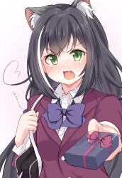 Rule 34 | 1girl, :3, absurdres, animal ear fluff, black bag, black hair, blush, bow, breasts, buttons, collared shirt, commentary, fang, gift, green eyes, hair between eyes, heart, heart hair, highres, holding, holding gift, holding strap, incoming gift, jacket, karyl (princess connect!), long hair, long sleeves, looking at viewer, medium breasts, nose blush, open mouth, pink background, princess connect!, purple bow, purple jacket, shirt, sidelocks, solo, translated, v-shaped eyebrows, valentine, very long hair, white hair, white shirt, yoru (user vewa8437)
