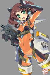 Rule 34 | 1girl, blush, bodysuit, breasts, commentary request, covered erect nipples, covered navel, green eyes, gummyrise, gun, hair ornament, headgear, itaba yumi, long hair, looking at viewer, medium breasts, multicolored bodysuit, multicolored clothes, open mouth, orange bodysuit, salute, senki zesshou symphogear, shiny clothes, simple background, skin tight, small breasts, smile, solo, standing, twintails, weapon