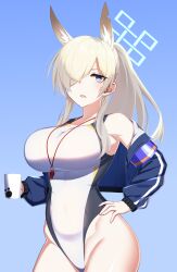 1girl animal_ears bare_shoulders blonde_hair blue_archive blue_eyes blue_jacket blush breasts coffee_mug collarbone cup dog_ears extra_ears hair_over_one_eye halo highres jacket kanna_(blue_archive) kanna_(swimsuit)_(blue_archive) kuroshiro_(ms-2420) large_breasts long_hair long_sleeves looking_at_viewer mug off_shoulder one-piece_swimsuit ponytail sidelocks solo swimsuit white_one-piece_swimsuit