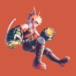 Rule 34 | 1boy, bakugou katsuki, bare shoulders, black footwear, black legwear, black mask (clothing), black shirt, blonde hair, boku no hero academia, boots, commentary request, explosive, fang, fire, from side, full body, gloves, green gloves, grenade, hair ornament, highres, male focus, mask, mouth mask, pants, red background, red eyes, red footwear, salmon (657931354), shirt, short hair, simple background, smile, spiked hair