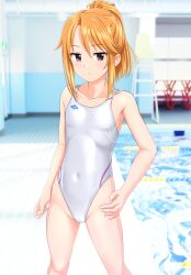 Rule 34 | 1girl, absurdres, breasts, brown eyes, commentary request, competition swimsuit, covered navel, feet out of frame, hand on own hip, highleg, highleg swimsuit, highres, idolmaster, idolmaster cinderella girls, idolmaster cinderella girls u149, long hair, looking at viewer, one-piece swimsuit, orange hair, photo background, ponytail, pool, poolside, sidelocks, small breasts, solo, swimsuit, takafumi, white one-piece swimsuit, yuuki haru
