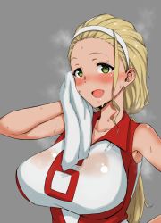 Rule 34 | 1girl, :d, bangs pinned back, blonde hair, blush, breasts, copyright request, girls und panzer, gomu (chewinggom), green eyes, grey background, gym uniform, hairband, highres, holding, holding towel, large breasts, long hair, looking at viewer, open mouth, ponytail, sasaki akebi, shirt, simple background, smile, solo, steaming body, sweat, towel, upper body, wet, wet clothes, wet shirt, white hairband, wiping sweat