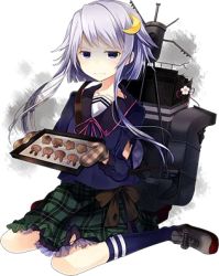 Rule 34 | 10s, 1girl, angry, blue legwear, burnt, collarbone, cookie, crescent, crescent hair ornament, flower, food, frilled skirt, frills, full body, gloves, hair ornament, half-closed eyes, kantai collection, kusada souta, loafers, long sleeves, looking at viewer, lowres, machinery, official art, on floor, oven mitts, purple eyes, purple hair, radio antenna, ribbon, school uniform, serafuku, shaded face, shoes, short hair, short hair with long locks, sitting, skirt, smoke, solo, torn clothes, torn skirt, transparent background, valentine, wariza, white background, yayoi (kancolle)