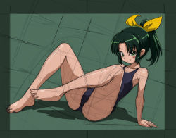 Rule 34 | 10s, 1girl, blush, blush stickers, green eyes, green hair, looking at viewer, matching hair/eyes, midorikawa nao, one-piece swimsuit, ponytail, precure, rohitsuka, short hair, sketch, smile, smile precure!, solo, swimsuit