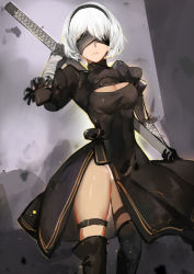 Rule 34 | 1girl, black dress, blindfold, breasts, cleavage, cleavage cutout, clothing cutout, dress, highres, medium breasts, nier (series), nier:automata, panties, parted lips, short hair, skirt, solo, sword, thighhighs, thighs, underwear, weapon, white hair, white panties, wujia xiaozi, 2b (nier:automata)