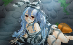 Rule 34 | 1girl, animal ears, bare shoulders, barefoot, blue hair, blush, breasts, chain, chained, choker, cleavage, commentary, empty eyes, gotou (nekocat), grin, hair between eyes, hololive, indoors, long hair, medium breasts, messy hair, multicolored hair, orange eyes, prison, prison clothes, prisoner, rabbit ears, sidelocks, smile, solo, streaked hair, striped, stuffed carrot, teeth, thick eyebrows, thighs, usada pekora, usada pekora (prisoner), virtual youtuber, white hair