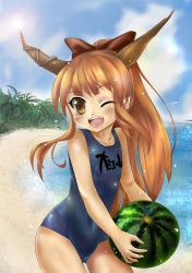Rule 34 | 1girl, beach, bow, brown eyes, competition swimsuit, day, dtcy, female focus, food, forest, fruit, hair bow, hip focus, holding, holding food, holding fruit, horns, ibuki suika, long hair, nature, ocean, one-piece swimsuit, one eye closed, open mouth, orange hair, palm tree, pointy ears, ponytail, smile, solo, sun, swimsuit, touhou, tree, watermelon, wide hips, wink