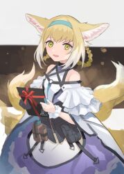 Rule 34 | 1girl, animal ears, apron, aqua hairband, arknights, blush, cloak, commentary request, dress, fox ears, fox tail, gift, hair rings, hairband, holding, holding gift, infection monitor (arknights), looking at viewer, multiple tails, open mouth, smile, solo, suzuran (arknights), tail, touchika, yellow eyes