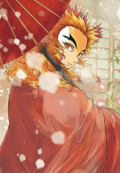 Rule 34 | 1boy, blonde hair, flower, from behind, haori, holding, holding umbrella, japanese clothes, kimetsu no yaiba, long hair, looking at viewer, looking back, male focus, multicolored hair, oil-paper umbrella, parted lips, red eyes, red flower, red hair, red umbrella, rengoku kyoujurou, sayu090200, snowing, solo, spiked hair, two-tone hair, umbrella