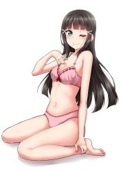 Rule 34 | 1girl, \||/, aqua eyes, barefoot, black hair, blunt bangs, blush, bra, breasts, cleavage, commentary request, hair ornament, hairclip, hand on own chest, highres, kurosawa dia, long hair, looking at viewer, love live!, love live! sunshine!!, mole, mole under mouth, navel, one eye closed, panties, pink bra, pink panties, ribbon-trimmed bra, simple background, sitting, smile, solo, stomach, underwear, underwear only, v-shaped eyebrows, wariza, white background, wink, yopparai oni