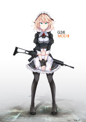 Rule 34 | 1girl, 2018, absurdres, apxkf2003, assault rifle, black gloves, blonde hair, character name, dated, fingerless gloves, full body, g36 (girls&#039; frontline), g36 (mod3) (girls&#039; frontline), girls&#039; frontline, gloves, green eyes, gun, h&amp;k g36, highres, maid headdress, midriff, muzzle device, navel, neck ribbon, pantyhose, ribbon, rifle, shadow, short hair, solo, weapon, white background