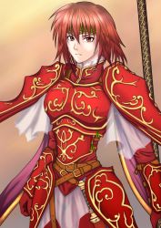 Rule 34 | 1girl, armlet, armor, breastplate, breasts, fire emblem, fire emblem: mystery of the emblem, fire emblem: shadow dragon, gloves, headband, minerva (fire emblem), nintendo, pauldrons, polearm, red armor, red eyes, red hair, sheath, sheathed, shiibyi, short hair, shoulder armor, solo, spear, sword, weapon