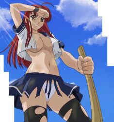 Rule 34 | 15 bishoujo hyouryuuki, 1girl, arm up, breasts, chiba funako, cleavage, large breasts, legs, long hair, navel, no bra, open clothes, red hair, school uniform, skirt, smile, stitched, sword, thighs, third-party edit, torn clothes, underboob, weapon, wooden sword