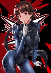 Rule 34 | 1girl, absurdres, black background, black bodysuit, blue bodysuit, bodysuit, braid, breasts, brown hair, closed mouth, contrapposto, crown braid, finger to mouth, gloves, highres, index finger raised, medium breasts, multicolored background, niijima makoto, persona, persona 5, pixie (pixieinktvis), red background, red eyes, short hair, shoulder spikes, smile, solo, spikes, two-tone bodysuit, white gloves
