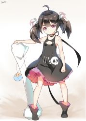 Rule 34 | 1girl, black hair, bone, boots, clenched hand, dango remi, dress, highres, long hair, original, oversized object, red eyes, ribbon, simple background, skull, sleeveless, sleeveless dress, solo, twintails, white background