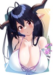 Rule 34 | 1girl, :o, absurdres, ahoge, bandages, bare shoulders, bikini, black hair, blush, breasts, danua, granblue fantasy, head tilt, highres, horns, huge breasts, jimuin-t, long hair, looking at viewer, open mouth, pointy ears, red eyes, simple background, sparkle, swimsuit, upper body