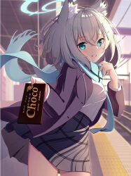 Rule 34 | 1girl, adjusting scarf, animal ear fluff, animal ears, blazer, blue archive, blue eyes, blue scarf, blurry, candy, chocolate, chocolate bar, collared shirt, commentary request, cross hair ornament, depth of field, english text, food, from side, gift, giving food, grey hair, hair between eyes, hair ornament, halo, highres, jacket, leaning forward, long sleeves, looking at viewer, looking to the side, medium hair, mismatched pupils, necktie, plaid, plaid skirt, pleated skirt, pov, reaching, reaching towards viewer, rindou ringdong, scarf, school uniform, shiroko (blue archive), shirt, sidelocks, skirt, solo, train station, train station platform, valentine, wind, wolf ears, wolf girl