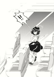 Rule 34 | !, !!, adapted costume, alternate costume, comic, e-hentai sample, fedora, from behind, greyscale, hat, highres, image sample, indoors, loafers, monochrome, seat, shoes, short hair, short sleeves, skirt, surprised, suspender skirt, suspenders, torii sumi, touhou, train interior, usami renko