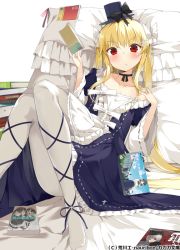 Rule 34 | 1girl, ankle lace-up, artist name, bed, blonde hair, blush, book, book stack, bow, choker, collarbone, cross, cross-laced footwear, dress, fang, female focus, frilled dress, frills, gothic lolita, hair ornament, hair ribbon, hat, hat bow, holding, legs, lolita fashion, long hair, looking at viewer, nauribon, no shoes, off shoulder, open book, original, pantyhose, pillow, reclining, red eyes, ribbon, sitting, solo, top hat, very long hair, white pantyhose