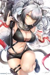 Rule 34 | 1girl, animal ears, arknights, belt pouch, black footwear, black shirt, black shorts, bow (weapon), breasts, cat ears, cat girl, cat tail, cleavage, crop top, crossbow, gradient hair, holding, jacket, large breasts, leg up, long hair, looking at viewer, midriff, multicolored hair, navel, off shoulder, open clothes, open jacket, ponytail, pouch, rei kun, scarf, schwarz (arknights), shirt, shoes, short shorts, shorts, silver hair, sleeveless, sleeveless shirt, solo, stomach, tail, thigh strap, thighs, trigger discipline, v-shaped eyebrows, weapon, white jacket, yellow eyes