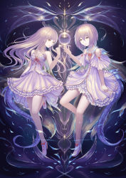 Rule 34 | 2girls, absurdres, arm at side, bare shoulders, bow, breasts, dark background, dress, frilled dress, frills, full body, grey eyes, hair between eyes, highres, lavender dress, light brown hair, long hair, medium hair, multiple girls, orb, original, red bow, sky, small breasts, standing, standing on one leg, star (sky), starry sky, tagme