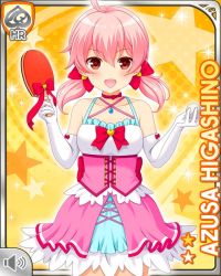 Rule 34 | 1girl, :d, bow, card (medium), character name, collar, dress, elbow gloves, girlfriend (kari), gloves, hair bow, higashino azusa, looking at viewer, official art, open mouth, pink dress, pink eyes, pink hair, qp:flapper, red bow, smile, solo, standing, tagme, thighhighs, twintails, white gloves, white legwear, yellow background