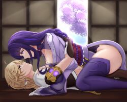 Rule 34 | 1boy, 1girl, absurdres, aether (genshin impact), armor, blonde hair, breasts, cleavage, closed mouth, detached sleeves, genshin impact, highres, holding, large breasts, musanix, ponytail, purple eyes, purple hair, raiden shogun, shoulder armor, simple background, sitting, sitting on person, smile, thighs, wooden floor
