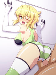 Rule 34 | 1boy, 1girl, against wall, akatsuki kirika, ass, bent over, blonde hair, blush, breasts, censored, clothed sex, elbow gloves, from behind, gloves, green eyes, green leotard, happy sex, hetero, leotard, looking back, medium breasts, one eye closed, penis, pussy, senki zesshou symphogear, sex, sex from behind, shiny skin, short hair, solo focus, standing, standing sex, striped clothes, striped thighhighs, sweat, thighhighs, vaginal, wall, zetsumu