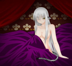 Rule 34 | 1girl, animal ears, bad id, bad pixiv id, bed sheet, blush, breasts, highres, long hair, midnight (banyex), naked sheet, nude, solo, tail, very long hair