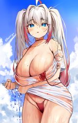 Rule 34 | 1girl, ahoge, bikini, blue eyes, blush, breasts, cleavage, cloud, contrail, day, hair between eyes, highleg, highleg bikini, highres, huge breasts, long hair, meettheton, mole, mole on breast, mole on pussy, mole under mouth, multicolored hair, original, outdoors, parted lips, pink hair, red bikini, see-through, shirt, sky, solo, swimsuit, twitter username, untied bikini, very long hair, wet, wet clothes, wet shirt, white hair, white shirt, wringing clothes