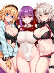 Rule 34 | 3girls, :q, ahoge, asymmetrical hair, bare shoulders, bat wings, bb (fate), bb (fate) (all), bb (swimsuit mooncancer) (fate), bb (swimsuit mooncancer) (third ascension) (fate), bikini, black bikini, black choker, black gloves, black hairband, black jacket, black scrunchie, blonde hair, blue eyes, blue jacket, blush, braid, breast press, breasts, cameltoe, choker, cleavage, closed mouth, collarbone, commentary request, covered navel, cowboy shot, cropped jacket, fate/grand order, fate (series), flame print, front-tie bikini top, front-tie top, frown, girl sandwich, gloves, groin, hair between eyes, hair ornament, hair ribbon, hair scrunchie, hairband, halterneck, hand on own hip, hand on own thigh, hand on thigh, hands on own hips, head tilt, highleg, highleg leotard, hip focus, hood, hooded jacket, jacket, jeanne d&#039;arc alter (swimsuit berserker) (fate), jeanne d&#039;arc (fate), jeanne d&#039;arc (ruler) (fate), jeanne d&#039;arc (swimsuit archer) (fate), jeanne d&#039;arc (swimsuit archer) (first ascension) (fate), jeanne d&#039;arc alter (fate), jeanne d&#039;arc alter (swimsuit berserker) (fate), large breasts, leg belt, leotard, licking lips, long braid, long hair, long sleeves, looking at viewer, mitsukazu (nijigen complex), multiple girls, navel, neck ribbon, negative space, nose blush, o-ring, o-ring bikini, o-ring bottom, o-ring top, one-piece swimsuit, open clothes, open jacket, partially unzipped, popped collar, purple eyes, purple hair, red ribbon, ribbon, sandwiched, scrunchie, shiny skin, shrug (clothing), side-by-side, sidelocks, silver hair, simple background, single braid, skindentation, smile, standing, stomach, swimsuit, symmetrical docking, thigh strap, thighs, tongue, tongue out, v-shaped eyebrows, vampire costume, very long hair, white background, white gloves, white leotard, white one-piece swimsuit, wing collar, wings, yellow eyes, zipper pull tab
