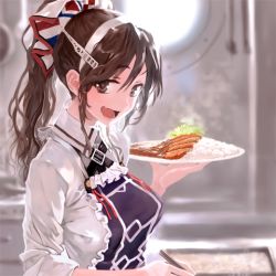 Rule 34 | 10s, 1girl, :d, adapted costume, alternate hairstyle, apron, ashigara (kancolle), ashigara kai ni (kancolle), blurry, bob (biyonbiyon), brown eyes, brown hair, chopsticks, curry, curry rice, depth of field, fangs, food, frilled apron, frills, hair between eyes, hair up, hairband, holding, holding plate, kantai collection, katsudon (food), long hair, lowres, non-web source, official art, open mouth, plate, ponytail, porthole, rice, shirt, sidelocks, smile, solo, steam, teeth, upper body, white shirt, window