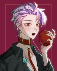 Rule 34 | 1boy, absurdres, apple, black shirt, chinese commentary, collar, collared shirt, commentary request, earrings, food, fruit, highres, holding, holding food, holding fruit, jewelry, kyoko (akakikyoko), leash, long sleeves, male focus, multicolored hair, open clothes, open mouth, open shirt, pink hair, purple hair, red collar, red eyes, saibou shinkyoku, shirt, short hair, solo, theodore riddle