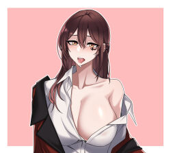 Rule 34 | 1girl, absurdres, blush, border, braid, breasts, brown hair, cleavage, collared shirt, commission, dogs (dlrkdejr26), facial mark, female commander (girls&#039; frontline), girls&#039; frontline, griffin &amp; kryuger military uniform, hair between eyes, heart, highres, huge breasts, jacket, korean commentary, long hair, looking at viewer, off shoulder, open mouth, original, pink background, red jacket, shirt, simple background, single off shoulder, solo, teeth, tongue, tongue out, upper body, upper teeth only, white border, white shirt, yellow eyes
