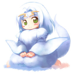 Rule 34 | 1girl, barefoot, blush, blush stickers, chibi, closed mouth, commentary request, dark souls (series), dark souls i, dragon girl, dragon tail, dress, emurin, full body, green eyes, hair intakes, long hair, looking at viewer, priscilla the crossbreed, sitting, slit pupils, smile, solo, tail, wariza, white dress, white hair