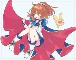 Rule 34 | 1girl, absurdres, arle nadja, armor, blue armor, blue cape, blue skirt, boots, brown eyes, brown hair, cape, carbuncle (puyopuyo), clenched hand, eyelashes, floating, highres, index finger raised, kashima miyako, madou monogatari, one eye closed, open mouth, ponytail, puyopuyo, skirt, solo, star (symbol), star in eye, symbol in eye, white background, white footwear