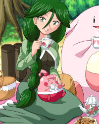 Rule 34 | 1girl, basket, breasts, chansey, checkerboard cookie, cheryl (pokemon), cookie, creatures (company), cup, flower, food, game freak, gen 1 pokemon, gen 4 pokemon, green eyes, green hair, hair over shoulder, happiny, lowres, medium breasts, nature, nintendo, outdoors, parted lips, picnic, pokemoa, pokemon, pokemon (creature), sitting, tea, teacup, teapot, thumbprint cookie