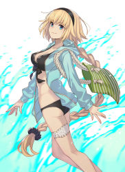 Rule 34 | 1girl, bag, bikini, black bikini, blonde hair, blue eyes, blue jacket, braid, breasts, cleavage, closed mouth, collarbone, fate/grand order, fate (series), hairband, highres, jacket, jeanne d&#039;arc (fate), jeanne d&#039;arc (ruler) (fate), jeanne d&#039;arc (swimsuit archer) (fate), jeanne d&#039;arc (swimsuit archer) (first ascension) (fate), kusano shinta, large breasts, long hair, looking at viewer, open clothes, open jacket, shoulder bag, simple background, smile, solo, swimsuit, thighs, very long hair, water, white background
