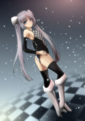 Rule 34 | 10s, 1girl, aaa (hasmk2), alternate costume, arm warmers, black thighhighs, blue eyes, blurry, boots, checkered floor, depth of field, dutch angle, floor, hand on own hip, light particles, long hair, looking at viewer, miss monochrome, miss monochrome (character), parted bangs, purple hair, solo, thighhighs, twintails, very long hair, white footwear